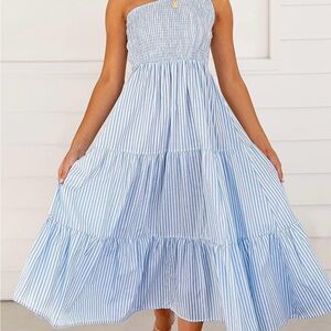 One Shoulder Sleeveless Smocked Ruffle Tiered Beach Maxi Sun Dress